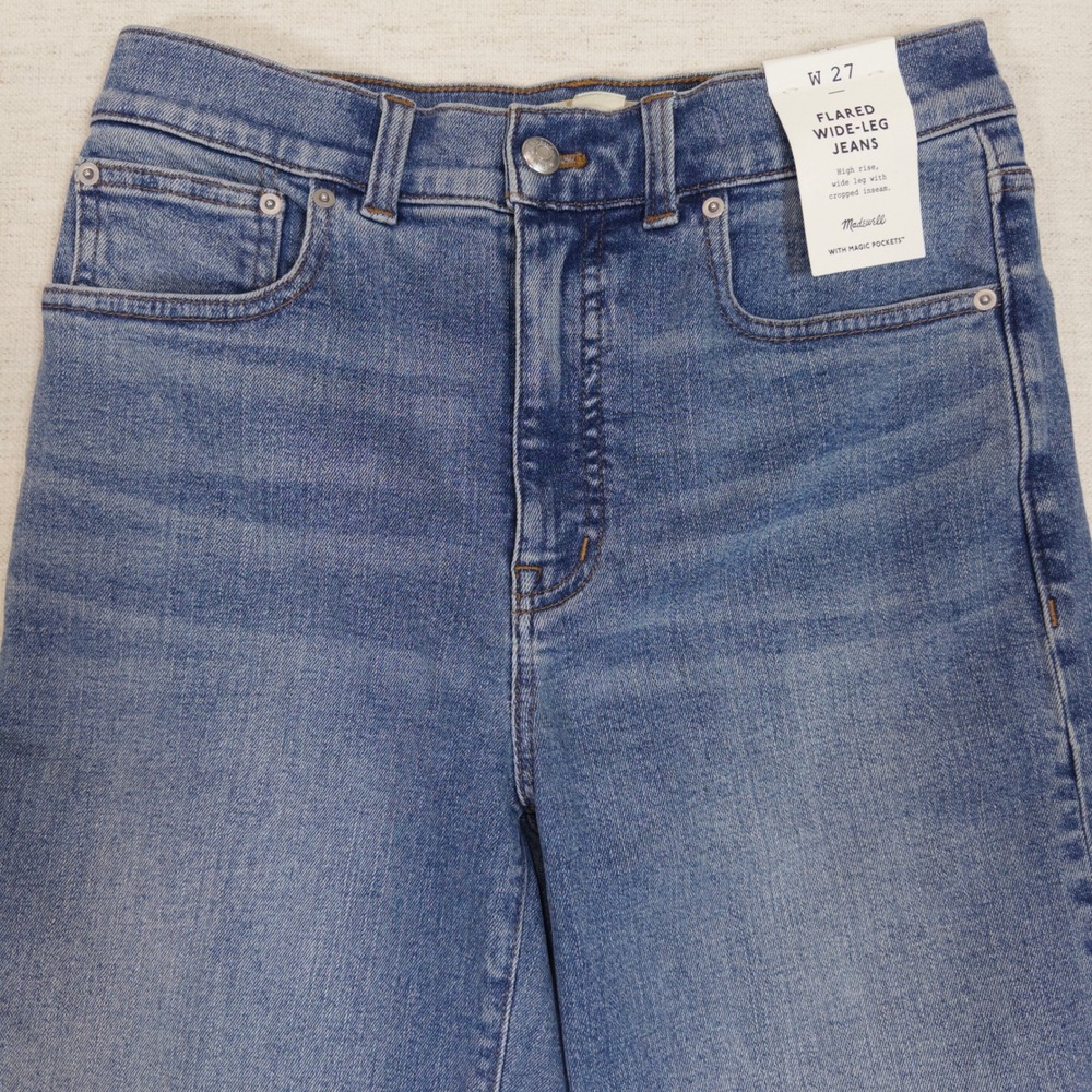 Madewell Flared Wide-Leg Jeans 27 Womens High Rise Cropped Raw Hem Blue - Picture 3 of 10